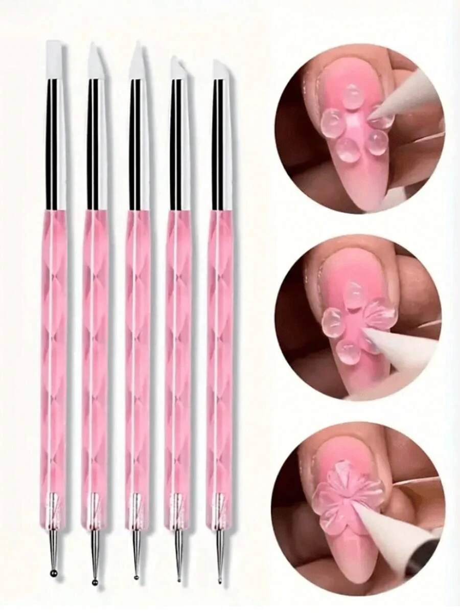5Pcs Dual-End Nail Silicone Brushes Nail Art Dotting Pens, Sculpture Pen Set, Clay Sculpting Drawing Tools UV Gel Dotting Drawing Painting Pen - Pink - View 1