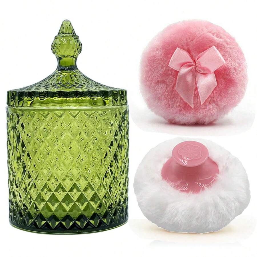Luxury 4 Inch Glass Powder Container With 2 Soft Puffs For Loose Powder - 1 Handle 1 Bow Pink Puffs With Pointed Cylinder-olive Green-large - View 1