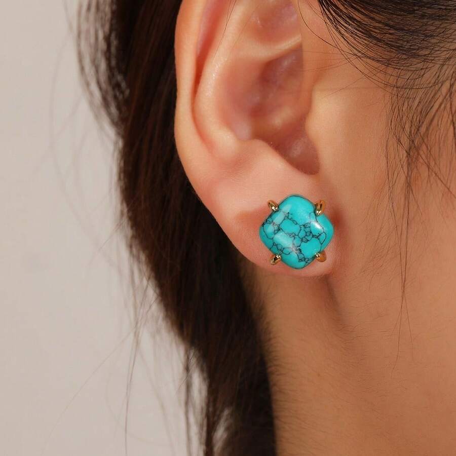 一对优雅珠宝 13毫米方形合成绿松石爪镶耳钉，日常佩戴及女士婚礼礼物 - 彩色 - 查看 1