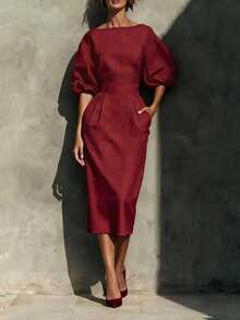 Elegant Casual Wine Red Round Neck Midi Dress, Side Pockets, Fitted Waist, Back Slit, Suitable For Party, Business Dinner, Wedding, Office And Daily Wear - Burgundy - View 4