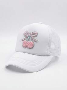 1顶女童刺绣樱桃网眼棒球帽，透气泡沫网面，季节性遮阳帽，夏季卡车帽 - 1PC - 查看 10