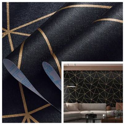 1 Roll Modern Matte Striped Gold And Black Wallpaper 17.7inX39.3/118.1/196.8/393in Geometric Contact Paper Peel And Stick Removable Self-Adhesive Vinyl Wall Paper For Living Room Bathroom Cabinet Countertop Dorm Hotel Wall Decor