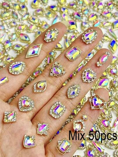 50pcs/Bag Iridescent Luxury Nail Art Rhinestones Mixed Shape Nail Art Charms Alloy AB Gemstones DIY Crystal Nail Gem Nail Decorations