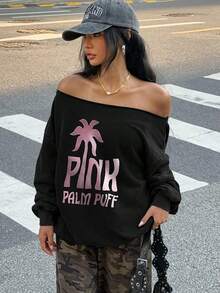 Oversized Off-The-Shoulder Black Sweatshirt With Faded Pink Palm Tree "" Graphic, Raw Edge Neckline, Street Style Fashion Top For Young East Asian Women, Matches High-Waisted Camo Cargo Pants, Perfect For Urban Streetwear Daily Wear - 灰色 - 查看 7