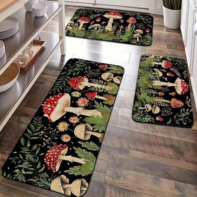 1 pieza/ 2 piezas/ 3 piezas Alfombra de cocina de estilo rústico con diseño de setas - Alfombra rectangular lavable y antideslizante para el piso de la cocina con diseño vívido de setas y flores, lavable para decoración del hogar, apta para cocina, sala de estar y exterior