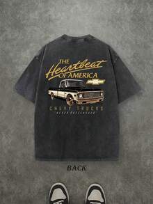 Men's Plus-Size "The Heartbeat Of America" ​​Chevrolet Pickup Graphic T-Shirt - Distressed, Washed, Vintage Streetwear Style; Loose-Fit Short Sleeve Top (230g Heavyweight Washed Cotton) - màu đen - Xem 4