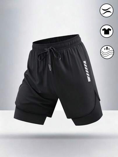 Quần short thể thao nam 2 trong 1 mùa hè, quần tập nhanh khô với lớp lót nén và sọc phản quang, thích hợp cho tập gym.