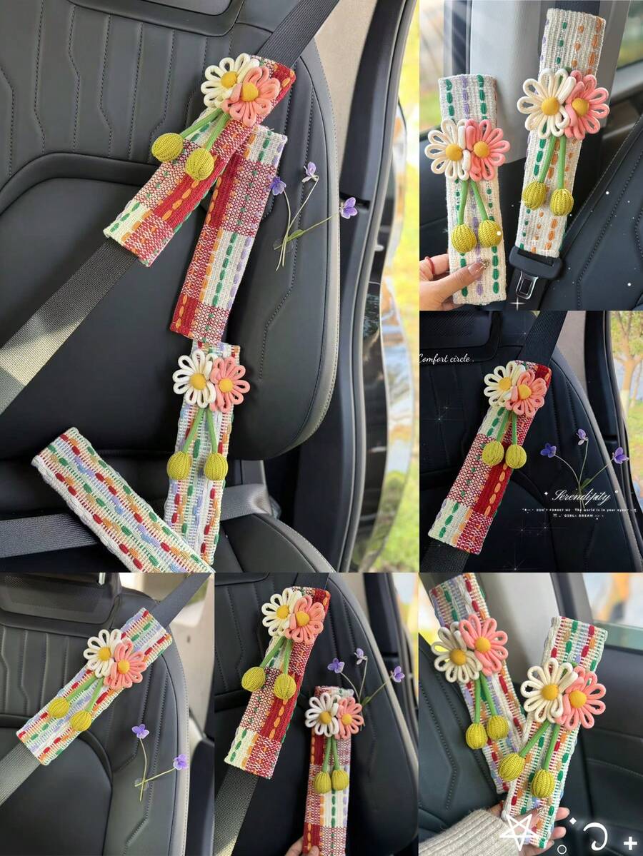 Cute Daisy Car Seat Belt Cover - Boho Woven Shoulder Pad, Flower Decor Seatbelt Strap Cover For Women, Aesthetic Car Interior Accessories