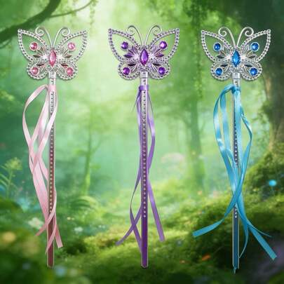 3支蝴蝶雪花魔杖，饰有丝带和水钻，优雅风格，适合作为服装配饰、万圣节、圣诞节、主题派对的装饰——耐用的雪花设计，适合角色扮演和特定活动、万圣节服装、派对魔杖、闪光装饰、水钻装饰、角色扮演道具、摄影道具、角色扮演爱好者。