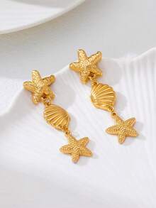 1 Đôi bông tai dáng dài hình sao biển và vỏ sò phong cách đại dương thanh lịch, quà tặng trang sức thời trang dành cho nữ, thích hợp để đeo hàng ngày, đi biển, du lịch, dự tiệc. - Vàng - Xem 5