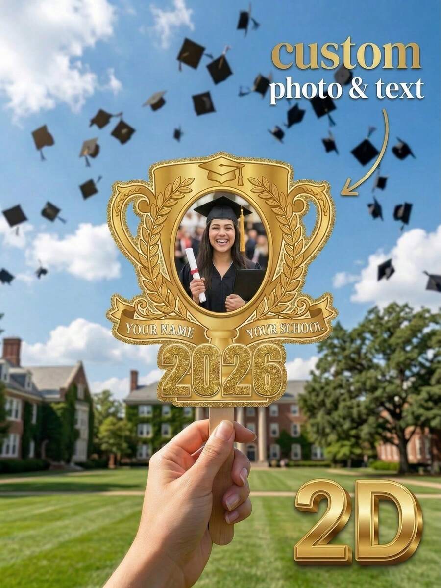 1pc Custom 2026 Graduation Trophy Shape Hand Fan,Personalized Photo Name School Graduation Photo Prop,Customizable Text Graduation Memorial Handheld Sign,2D Creative Graduation Cheer Fan - Single Piece - View 1