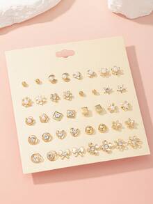 20pcs/Set Minimalist Geometric Bow, Heart, Square, Flower, Star Assorted Earrings, Versatile Daily, Casual, Date, Outdoor Wear Jewelry Gift For Women - Yellow Gold - View 1