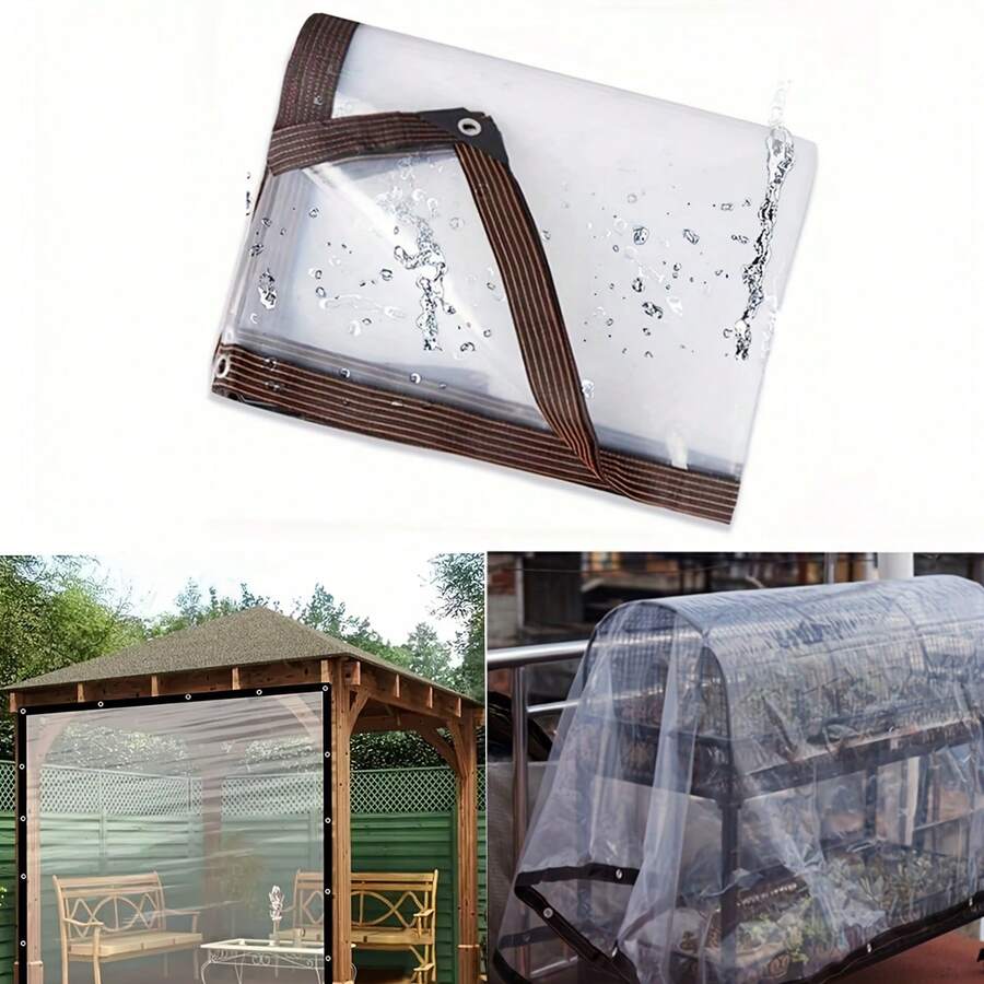 Tela impermeable transparente con anillo de sellado de 8 milésimas de pulgada, ideal para reemplazar la tela impermeable de techos para toldos de patio, con sellado de bordes para evitar fugas de agua y transmisión de luz para una fácil observación. Fabricada con material PE flexible y duradero, es adecuada para toldos de porches y cubiertas impermeables para exteriores, jardines y camping.