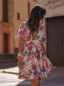 女士波西米亚风印花V领短袖褶皱A字迷你连衣裙，喇叭下摆 - 粉色 - 查看 7