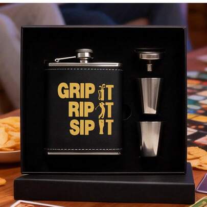 Juego de regalo exclusivo para golfistas | Petaca de acero inoxidable de 7 onzas con grabado + Juego de embudo y vasos pequeños, regalo para el Día del Padre / Cumpleaños para hombres (disponible en negro / marrón), caja de regalo incluye 2 vasos pequeños y 1 embudo