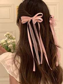 2pcs Ballet Style Ribbon Bow Hair Clips, Sweet Princess Duck Clip Bangs Hairpins - Pink - View 1