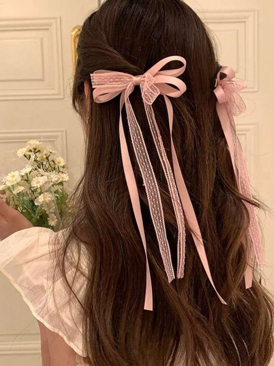 2pcs Ballet Style Ribbon Bow Hair Clips, Sweet Princess Duck Clip Bangs Hairpins - Pink - View 1
