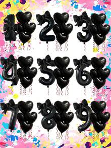 7-Piece 32-Inch Number Balloon Set, Black 0-9 Number Balloons With Bows And Hearts, Aluminum Foil Balloons. Suitable For Birthday Parties, Anniversaries, First Birthdays, And Room Decorations. - Black - View 2