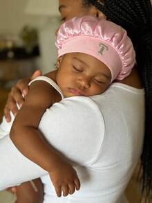 1pc Children's Bonnet Hat With Letter, Wide Brim, Elastic, Smooth Texture, Fashionable Sleep Cap, Casual, Comfortable, Soft, Breathable, Hair Cap - Pink - View 2