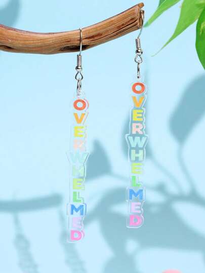 1 Pair Fashionable Acrylic "Overwhelmed" Gradient Color Text Earrings, Cute Creative Design Unisex Suitable For Daily, Commute, Holiday Party Wear