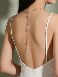 Cadena de espalda con colgante de perla falsa para accesorio de vestido de novia para banquete de boda - Cadena de espalda con diamantes brillantes, cadena de espalda transparente, cadena corporal - A - Ver 2