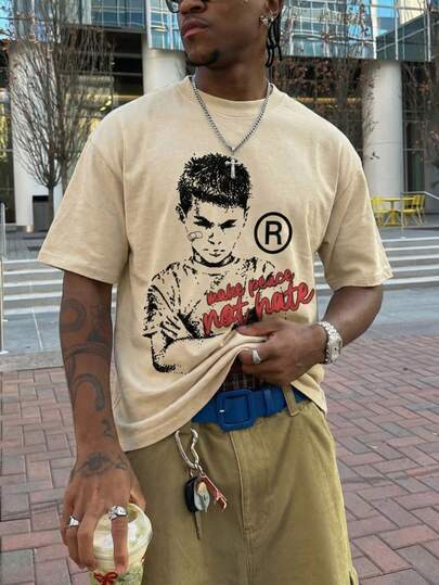 男士“和平而非仇恨”标语及男孩图案T恤，夏季街头时尚模板艺术复古涂鸦风格米色T恤