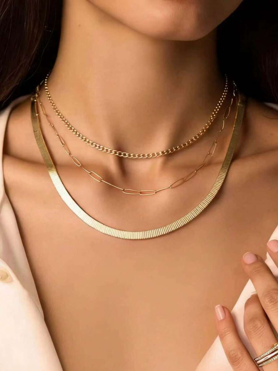 2pcs Stainless Steel Chain Necklace Set, Fashionable Minimalist Paperclip & Curb Chain Layered Choker Necklaces, Luxury Niche Versatile Multi-Layer Necklace Accessories For Women - Gold - View 1