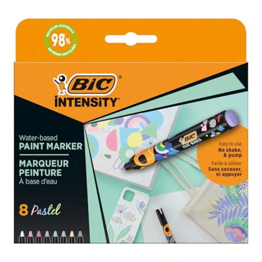 BIC Marcadores a Base de Agua Intensity Paint Markers Pastel Fáciles de Usar en Multisuperficie Tela Cristal Madera Cartón Plástico y Metal 98% de Materiales Reciclados 8 Pastel - como en la foto - Ver 1