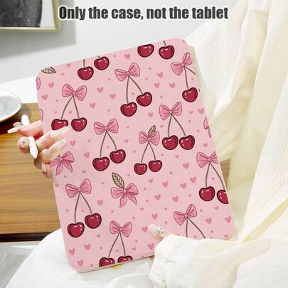 1 chiếc ốp lưng da PU màu hồng hình nơ, họa tiết quả anh đào, có chân đế xoay 360 độ và khe cắm bút, chức năng tự động tắt/mở màn hình, tương thích với Samsung A9/A9+/S9/S9FE/A11/A11+/S11/S10 FE/S10 FE+/S10 Lite, Apple Air 5/6, Honor, Matepad và các dòng máy phổ biến khác, lý tưởng làm quà tặng nhân dịp tựu trường, ngày Valentine và các dịp lễ khác.