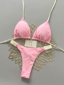 Women's Summer Beach Patchwork Halter Tie Sexy Bikini And Triangle Briefs Swimsuit Set Vacation - Pink - View 2