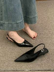 2025夏季新款尖头荷叶边金属扣性感细高跟凉鞋，女士款 - 黑色 - 查看 2