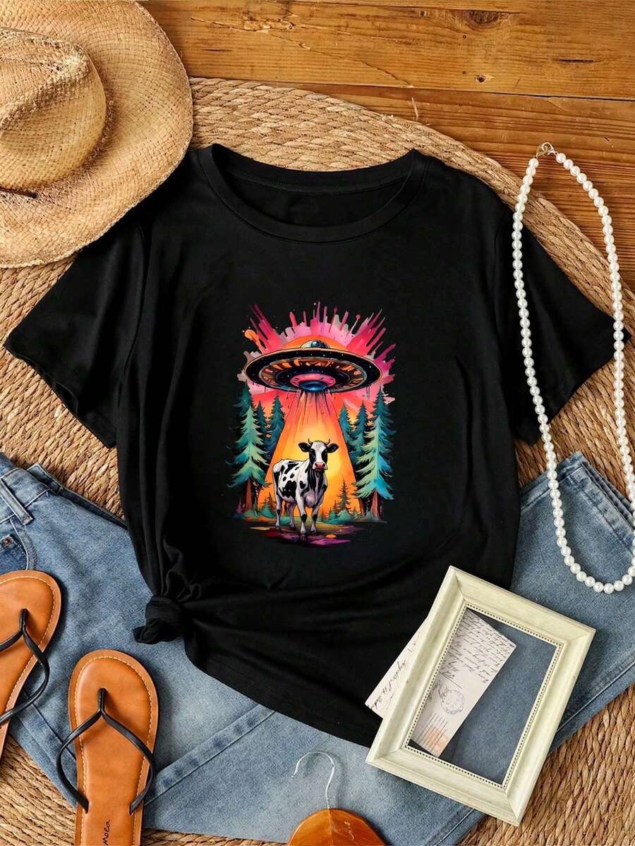 Maglietta da donna con stampa di UFO e mucca, maglietta divertente vintage vintage con alieni e paranormale, estetica oversize, maniche lunghe o corte - nero - Visualizzare 1