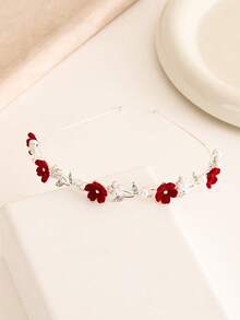 1pc Red Rose Headband With Faux Pearl Flower, Retro Delicate Hair Hoop Hair Band - Silver - View 7