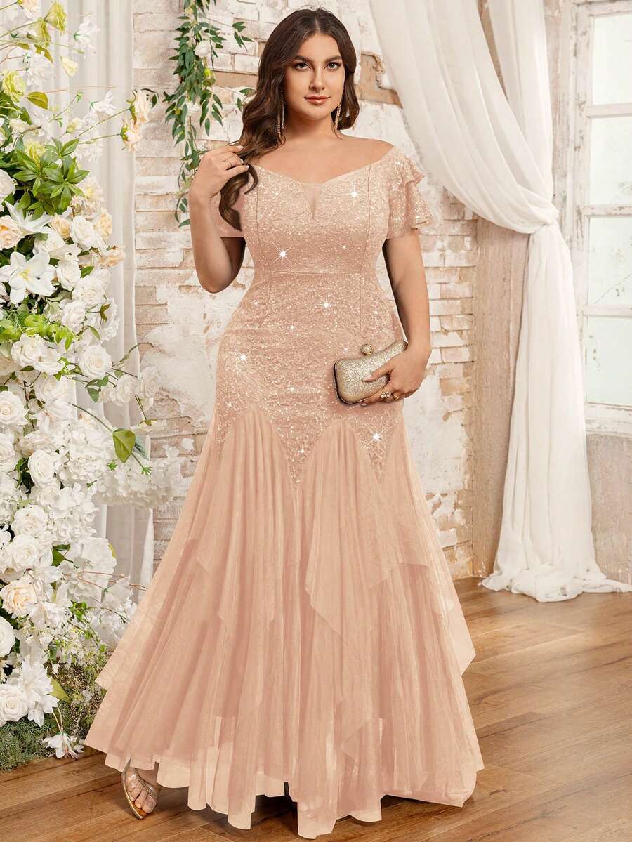 Plus Off Shoulder Ruffle Sleeve Sequin Floral Lace Contrast Mesh Ruffle Hem Evening Party Long Dress, Homecoming Dress, For Prom, Wedding Guest, Graduation - 香檳色 - 查看 1