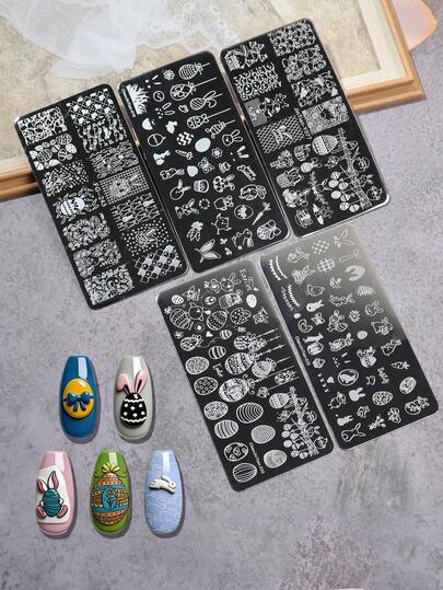 Set de 5 placas de estampado de uñas con diseños de conejitos y huevos de Pascua