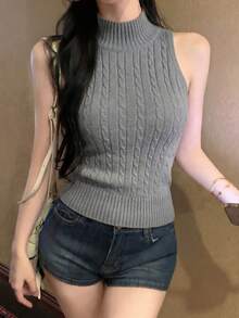 Turtleneck Cable Knit Vest For Women, Sexy Slim Fit Sleeveless Top Summer - Grey - View 1