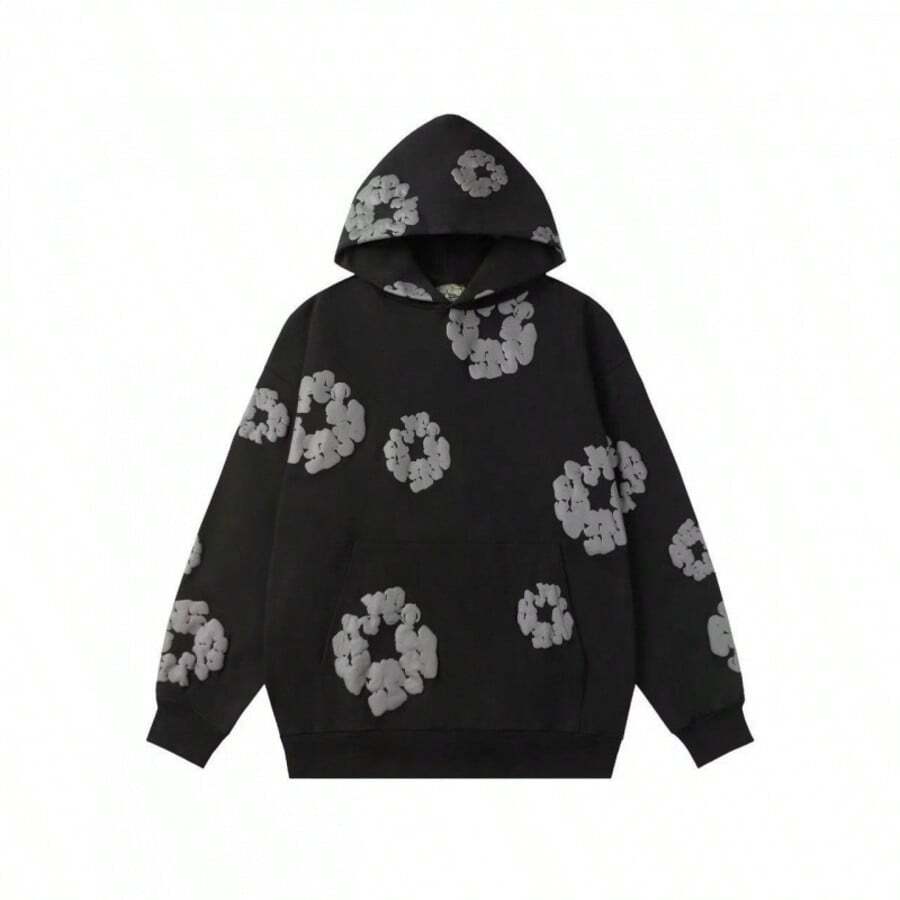 1Pcs-Fashion Brand Foam Printed Loose Hoodie Y2K Hip-Hop Street Wear Men's And Women's Pullover Casual Blouse--280g Pure Heavy 100%Polyester - 黑色 - 查看 1