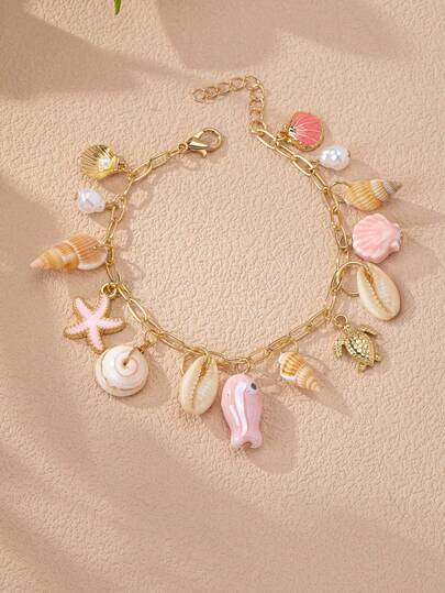 1pc  Summer Cherry Starfish Sunburst Pendant Bracelet, Women's Fashion Chain Bracelet With Red Chili Pendant, Full Of Vacation Vibe, Suitable For Daily Wear