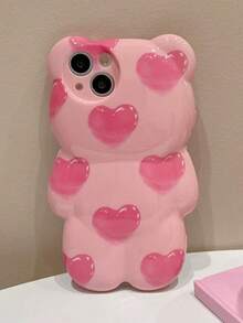 Pink Cute Heart Pattern Novelty 1pc 3D Cartoon Cute Bear & Pig Design Protective Phone Case, Compatible With Iphone 15 Pro Max, 16 Pro, 14, 13, 11, 12, 17 Pro Max, 17 Pro, 17, Creative Shockproof High-Quality Spring Easter Gift For Relatives, Friends, Family - Pink - View 4