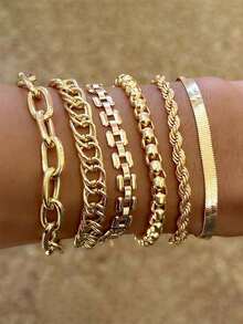 6pcs Vintage Punk Style Metal Chain Bracelet Set, Combination Of Metal Rings, Ropes, Snake And Twisted Designs, Multi-Layer Bracelets, Daily Wear, Mother's Day Gift - Gold - View 5