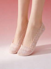 5/2/1 par de calcetines de barco de verano para mujer con patrón de corazón aleatorio de encaje, calcetines invisibles y transparentes de corte bajo - Multicolor - Ver 5