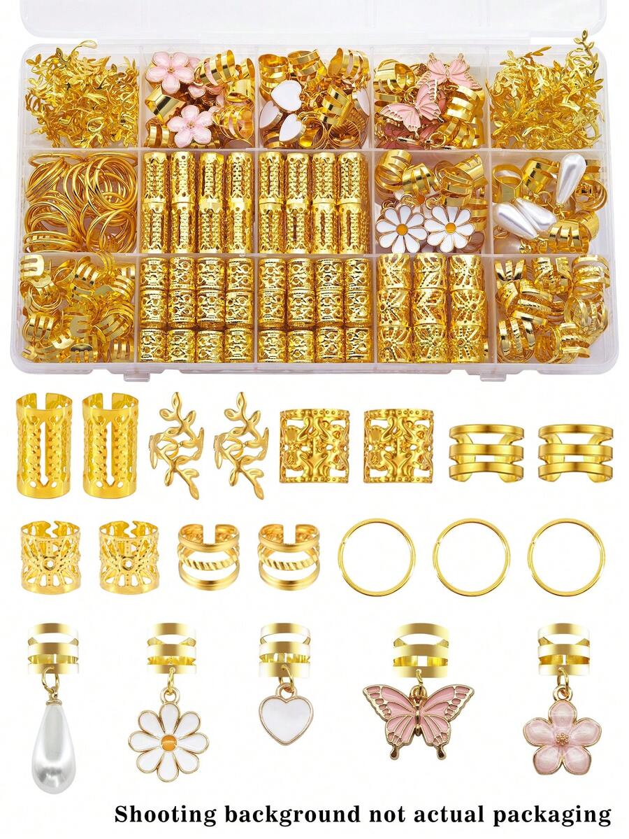 75件花卉幻想髮環，包含白色愛心、珍珠、雛菊、粉色蝴蝶和山茶花，多形狀可調節編髮飾品