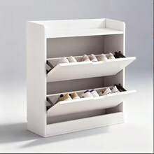 Mueble de Almacenamiento para Calzado Diario – Ideal para Quienes Buscan Orden, Comodidad y Estilo en la Zona de Entrada de su Hogar o Negocio,Zapatero Freestanding Blanco con Dos Cajones Abatibles – Mueble para Entrada que Almacena 4 Pares de Zapatos y Tiene Estante Superior para Decoración - Ver 6