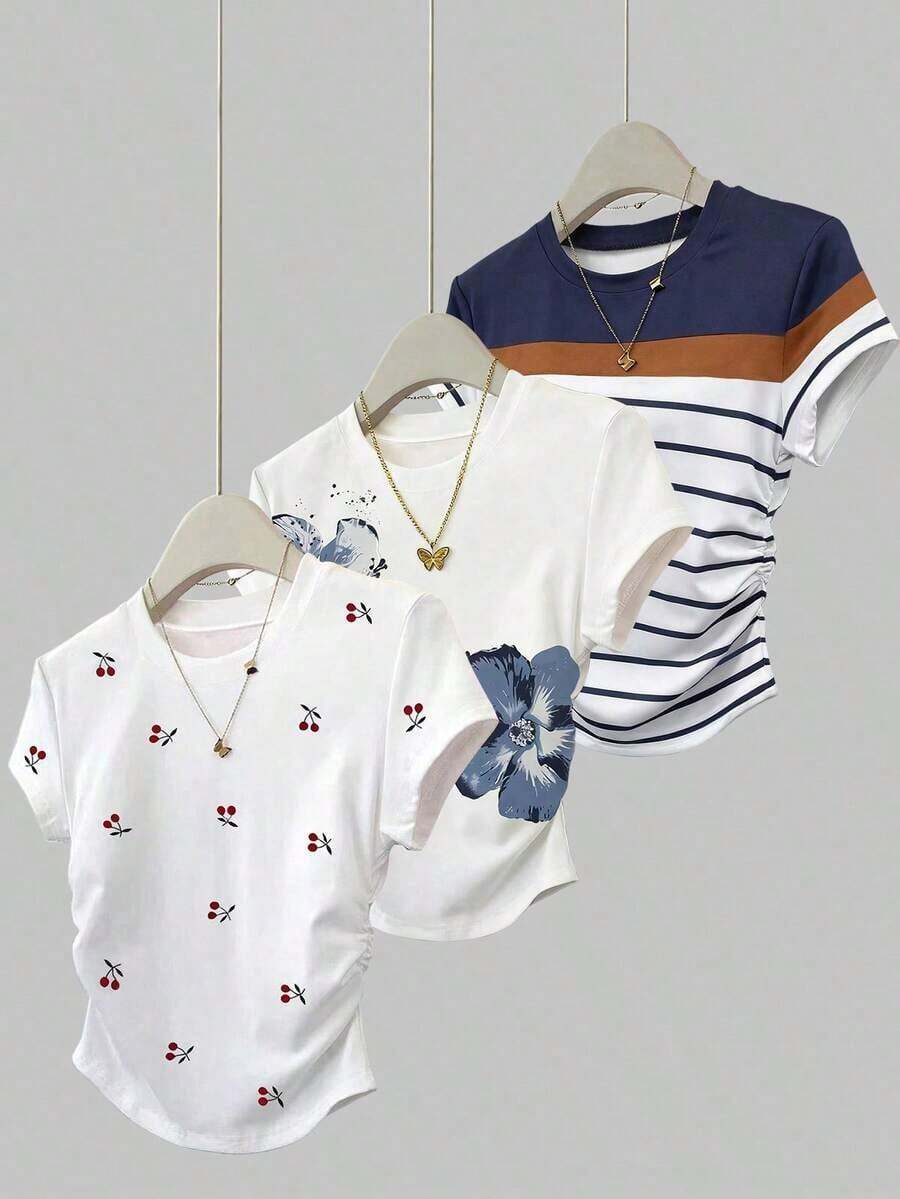 3pcs/Set Women's Summer T-Shirts, White, Navy, Striped, Floral Print, Striped Print, Cherry Fruit Print, Back To School, Casual Wear - Multicolor 2 - View 1
