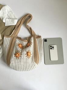 田园雏菊编织单肩手提包，镂空休闲手提包，春夏新品 - 卡其色 - 查看 7