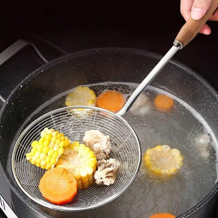 1 pieza Colador de acero inoxidable de grado restaurante, duradero y fácil de limpiar, utensilios y suministros de cocina, cucharón de cocina para fideos y empanadillas