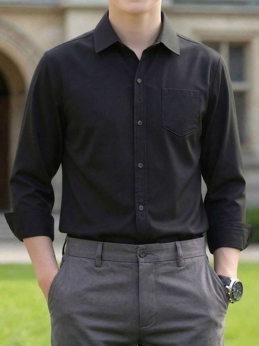 Teenagers Classic Collegiate Casual Party Pocket Patch Detail Black Formal Long Sleeve Shirt - Black - View 1
