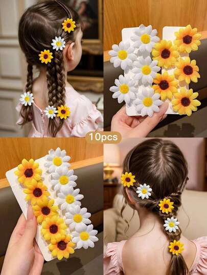 6pcs/10pcs Set Cute Flower Hair Clips, Sunflower Side Bangs Clips, Faux Sunflower Hair Accessories, Suitable For Daily Wear & Travel