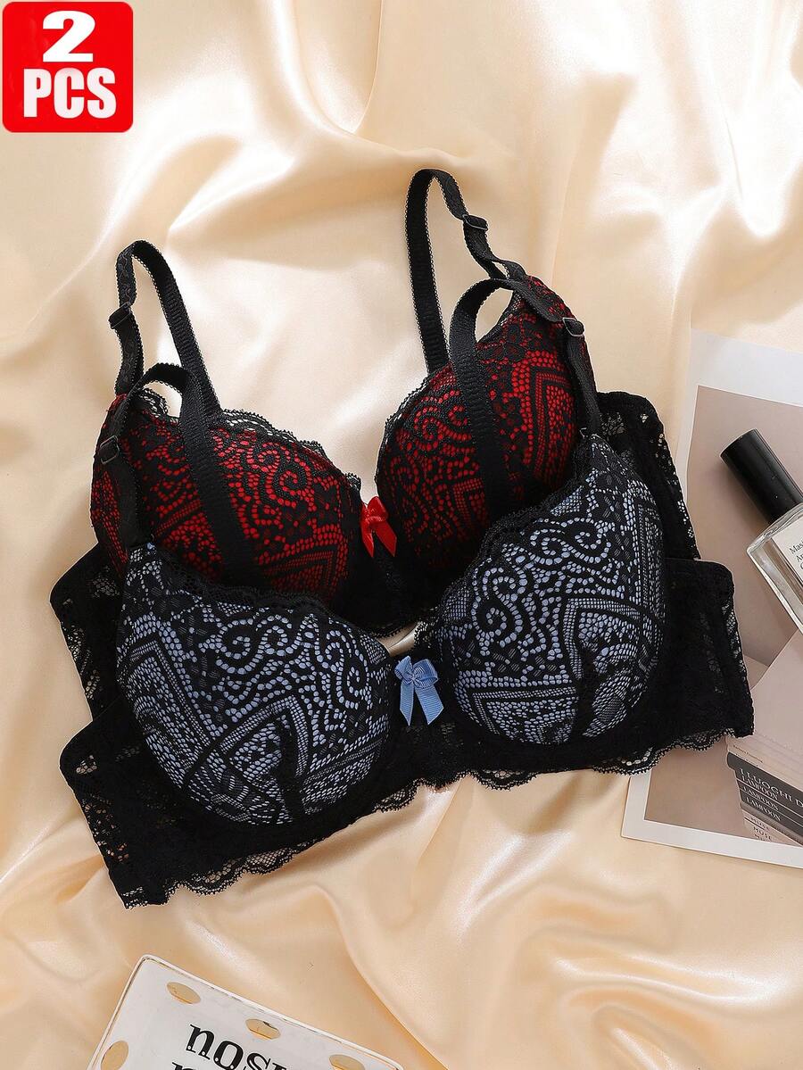 2pcs Fashionable French Romantic Sexy Lace Contrast Color BC Cup Women's Bra, Cleavage Enhancing Deep V Comfortable Lingerie - Multicolor - View 1
