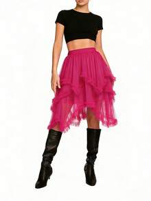 Falda asimétrica con volantes de malla, falda corta de tul de cintura alta tipo pastel de hada para mujer, nuevo diseño de verano primavera - Rosa Fucsia - Ver 1